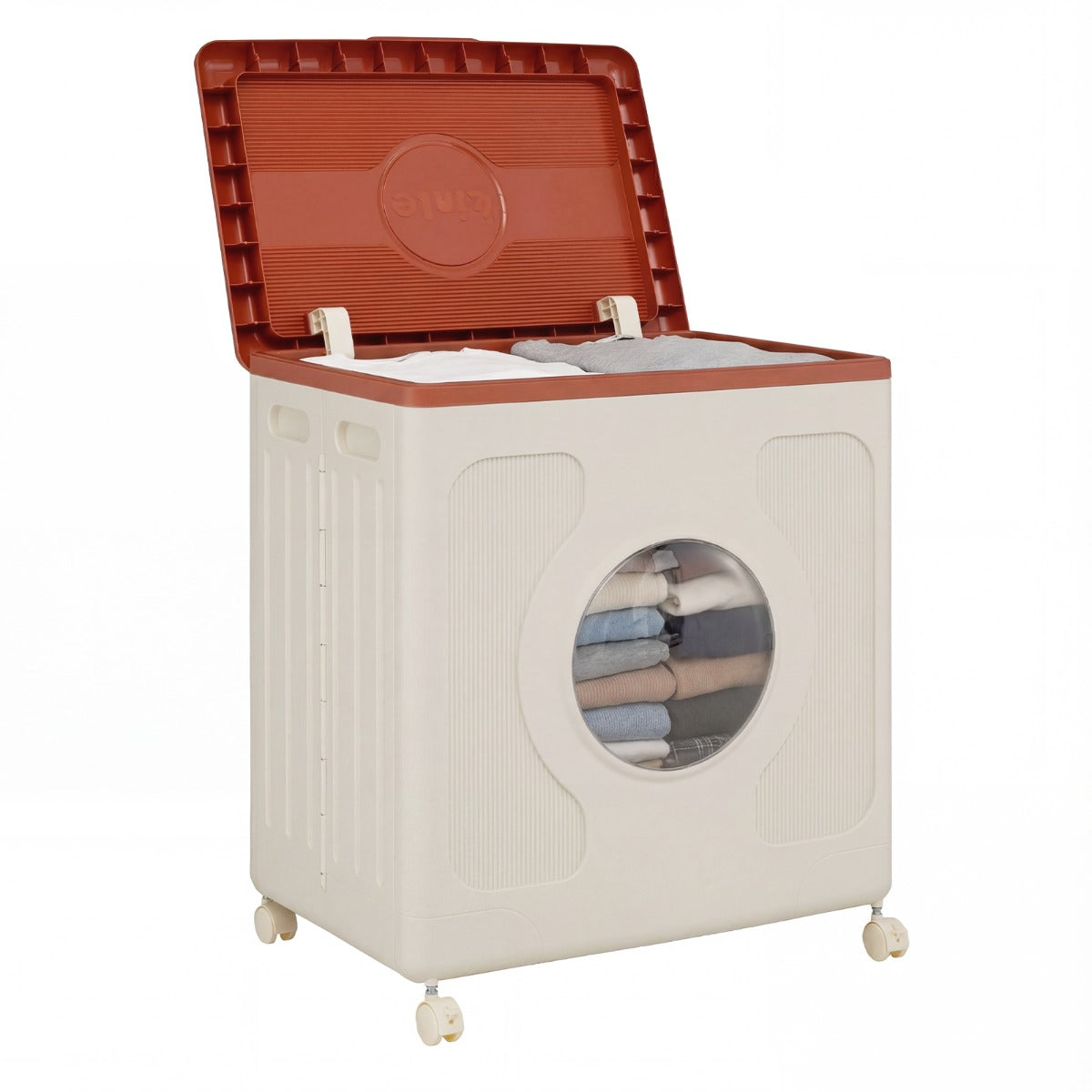Livsk costway opbergbox voor kleding met deksel en wieltjes 45 l rolbare wasmand met transparant venster oranje