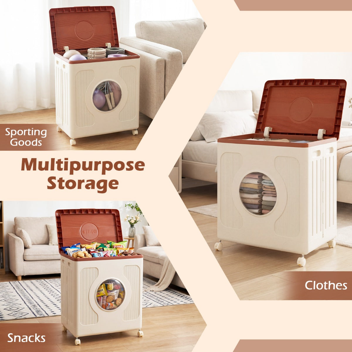 Livsk costway opbergbox voor kleding met deksel en wieltjes 45 l rolbare wasmand met transparant venster oranje 3