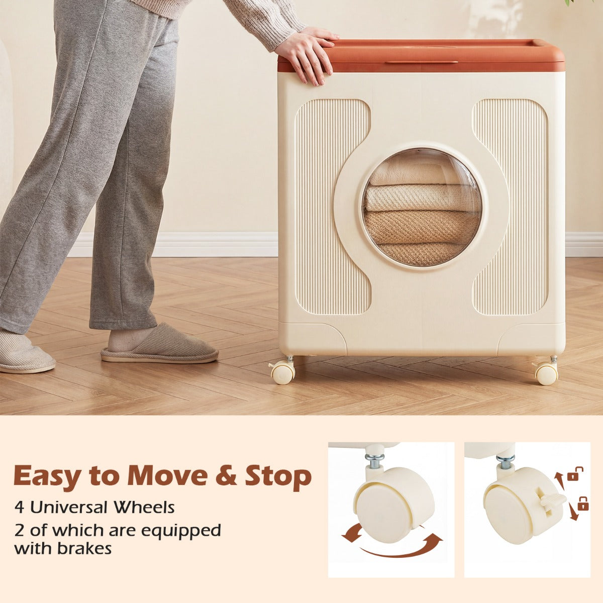 Livsk costway opbergbox voor kleding met deksel en wieltjes 45 l rolbare wasmand met transparant venster oranje 4