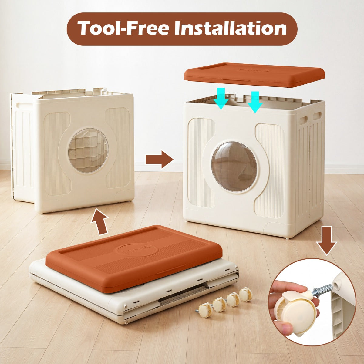 Livsk costway opbergbox voor kleding met deksel en wieltjes 45 l rolbare wasmand met transparant venster oranje 5