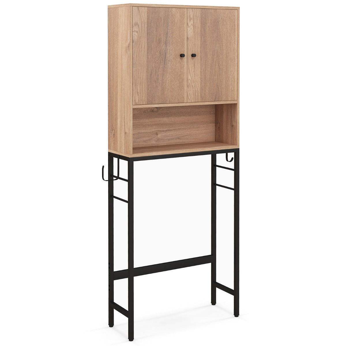 Livsk costway opbergkast boven het toilet vrijstaand met 2 deuren verstelbare plank verstelbare onderbalk 2 zijhaken voor badkamer wasruimte natuur 1 1