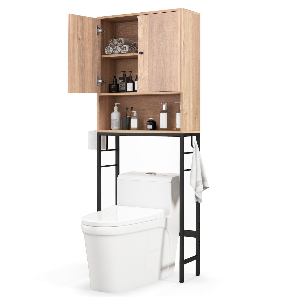 Livsk costway opbergkast boven het toilet vrijstaand met 2 deuren verstelbare plank verstelbare onderbalk 2 zijhaken voor badkamer wasruimte natuur