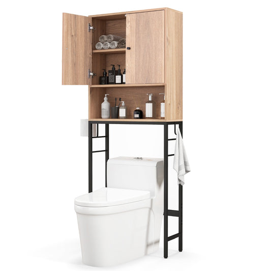 Livsk costway opbergkast boven het toilet vrijstaand met 2 deuren verstelbare plank verstelbare onderbalk 2 zijhaken voor badkamer wasruimte natuur