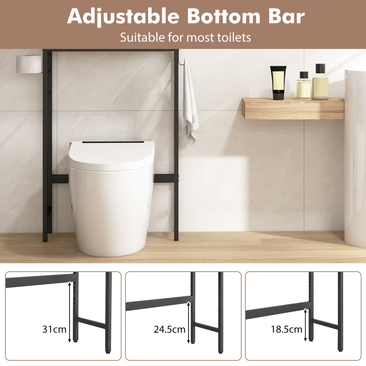 Livsk costway opbergkast boven het toilet vrijstaand met 2 deuren verstelbare plank verstelbare onderbalk 2 zijhaken voor badkamer wasruimte natuur 3