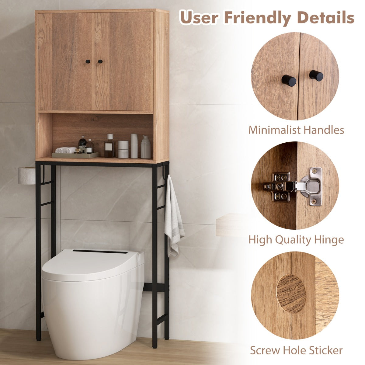 Livsk costway opbergkast boven het toilet vrijstaand met 2 deuren verstelbare plank verstelbare onderbalk 2 zijhaken voor badkamer wasruimte natuur 6