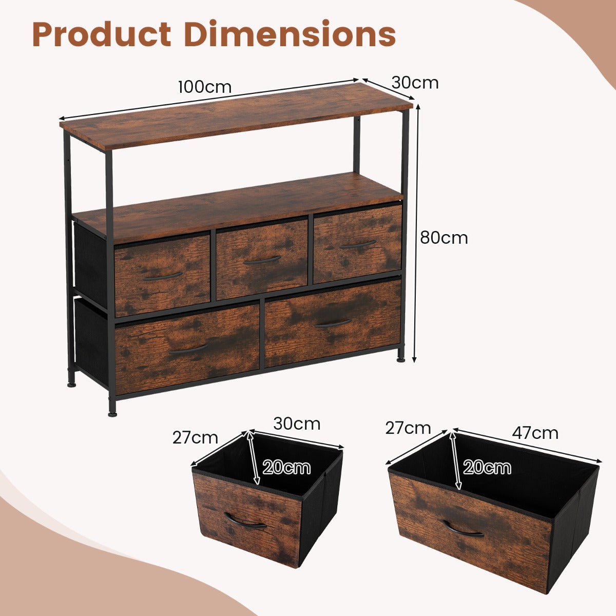 Livsk costway opbergkast brede kast met 2 open houten planken 5 lades en een robuust metalen frame bruin 1 1