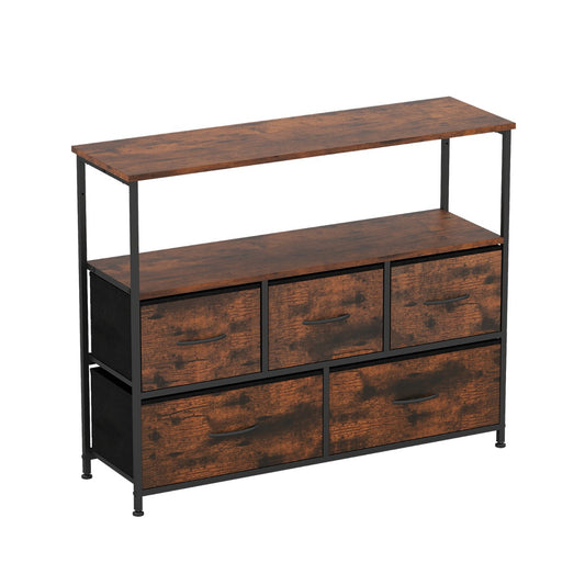 Livsk costway opbergkast brede kast met 2 open houten planken 5 lades en een robuust metalen frame bruin