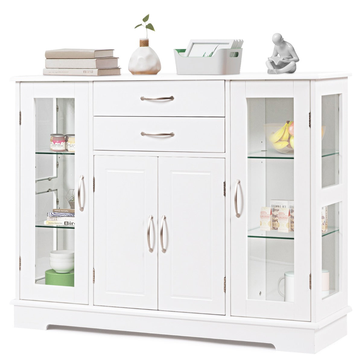 LIVSK Opbergkast Buffet - Wit - Twee Laden en Drie Compartimenten - Duurzaam Dichtheidraad en Gehard Glas - 107 x 30 x 82 cm - Wit