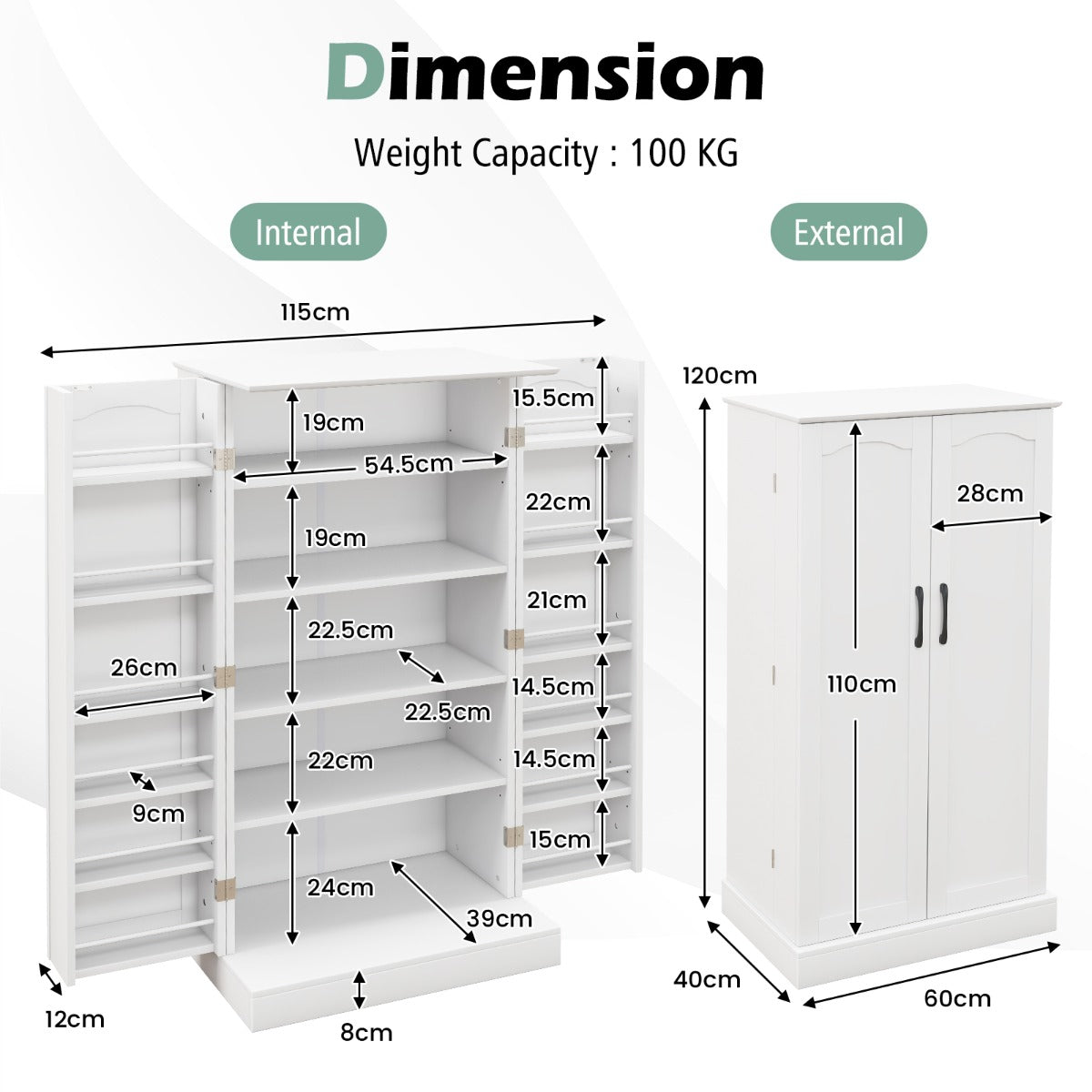 Livsk costway opbergkast keukenkast vrijstaande buffetkast met 2 deuren en 6 verstelbare planken multifunctionele kast 60 x 40 x 120 cm wit 1 1
