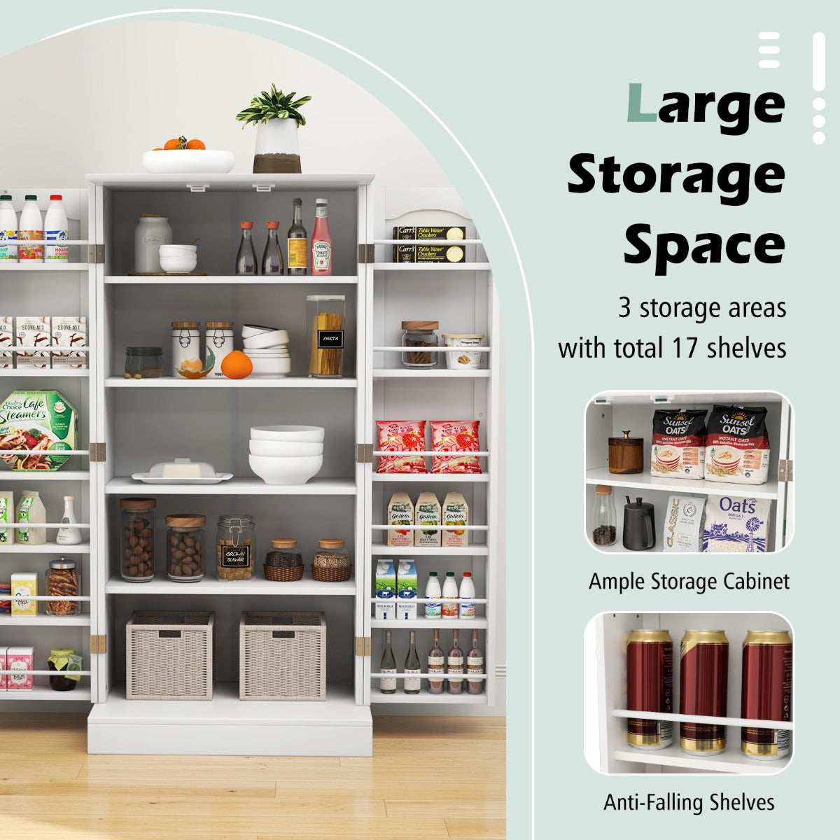 Livsk costway opbergkast keukenkast vrijstaande buffetkast met 2 deuren en 6 verstelbare planken multifunctionele kast 60 x 40 x 120 cm wit 3
