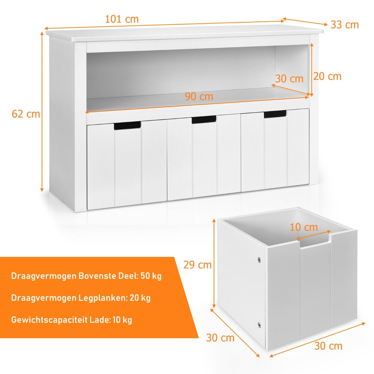 LIVSK Houten Opbergkast met Wielen - 3 Uitschuifbare Laden - Veilig en Duurzaam - 2-in-1 Ontwerp - 102 x 33 x 61,5 cm - Wit