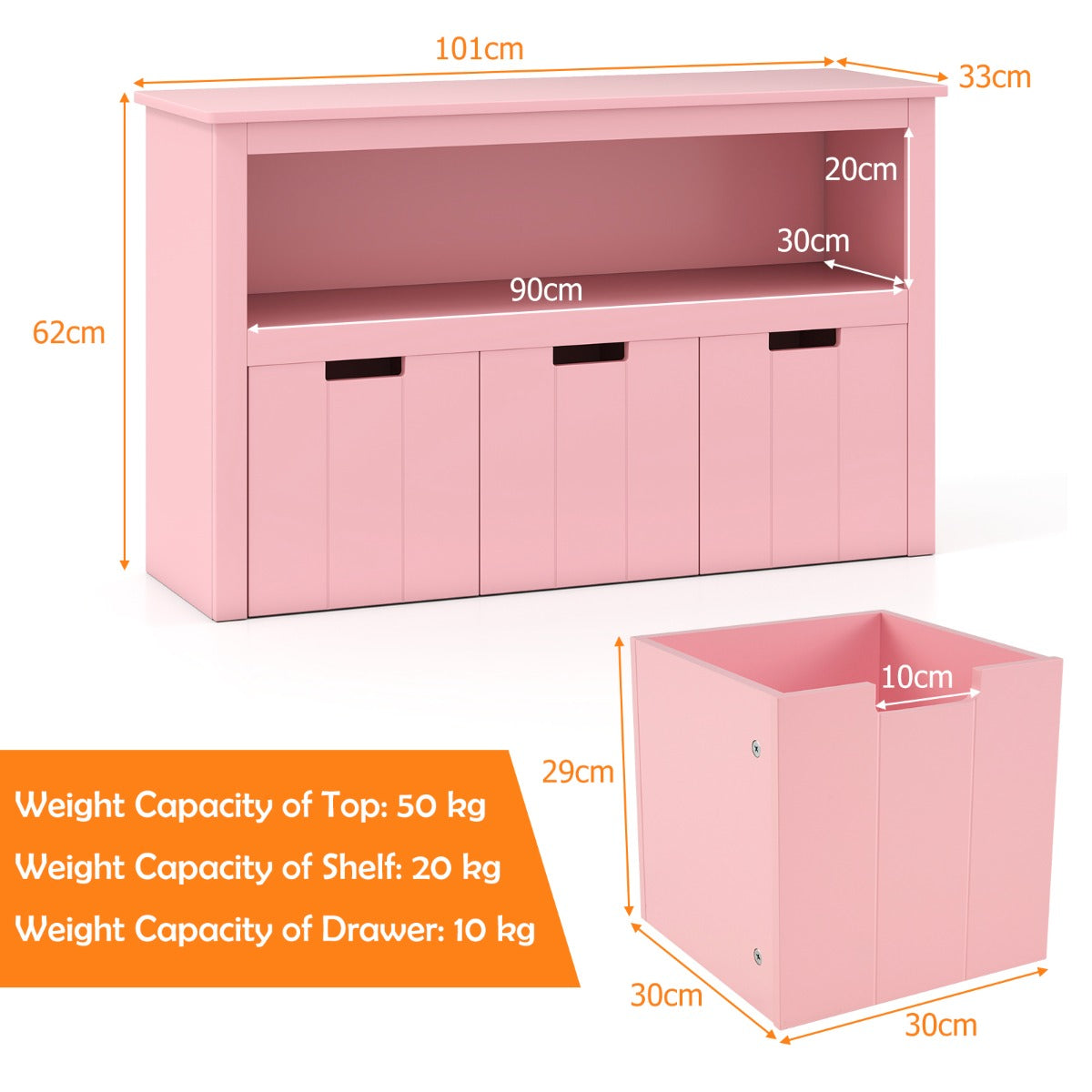 LIVSK Opbergkast op Wielen - Drie Lades - Duurzaam en Waterdicht - Multifunctioneel - 101 x 33 x 62 cm - Roze