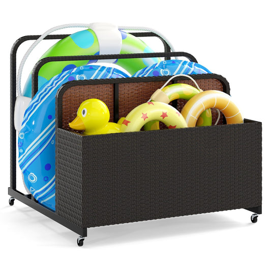 LIVSK zwemhulpmiddelen-opbergorganisator - 2 open vakken - Weerbestendig - Met wielen - 100 x 100 x 94 cm - Bruin/Zwart