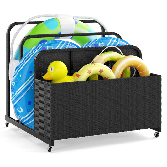 LIVSK Zwembadorganizer met Wielen - 2 Open Vakken - Weerbestendig PE-Riet - Duurzaam Metalen Frame - 100 x 100 x 94 cm - Zwart