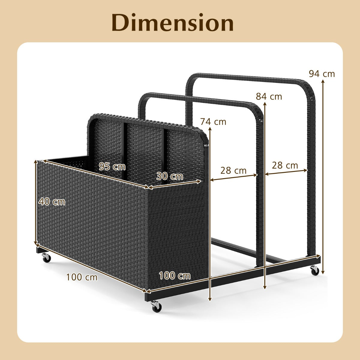 LIVSK Zwembadorganizer met Wielen - 2 Open Vakken - Weerbestendig PE-Riet - Duurzaam Metalen Frame - 100 x 100 x 94 cm - Zwart