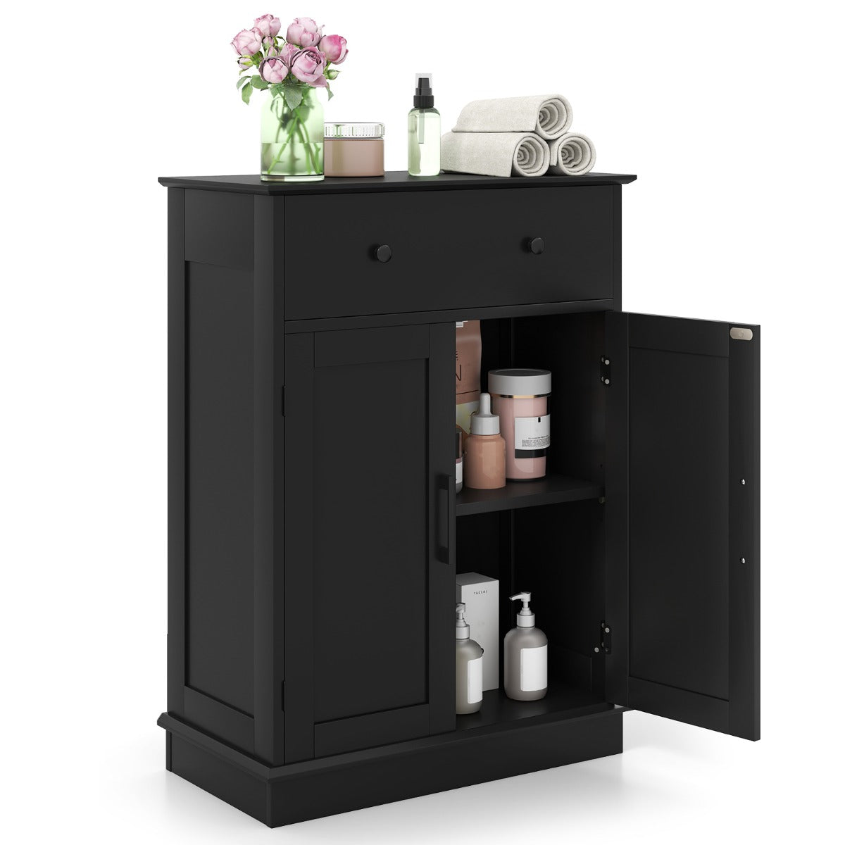 LIVSK Onderkast met Verstelbare Plank - Veel Opbergruimte - Kantelbeveiliging - Elegant Ontwerp - 56 x 30 x 80 cm - Zwart