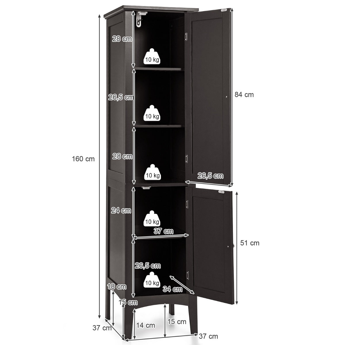 Livsk costway opbergmeubel voor badkamer staande kolom met 5 niveaus opbergkasten voor keuken woonkamer 37 x 37 x 160 cm koffie 2