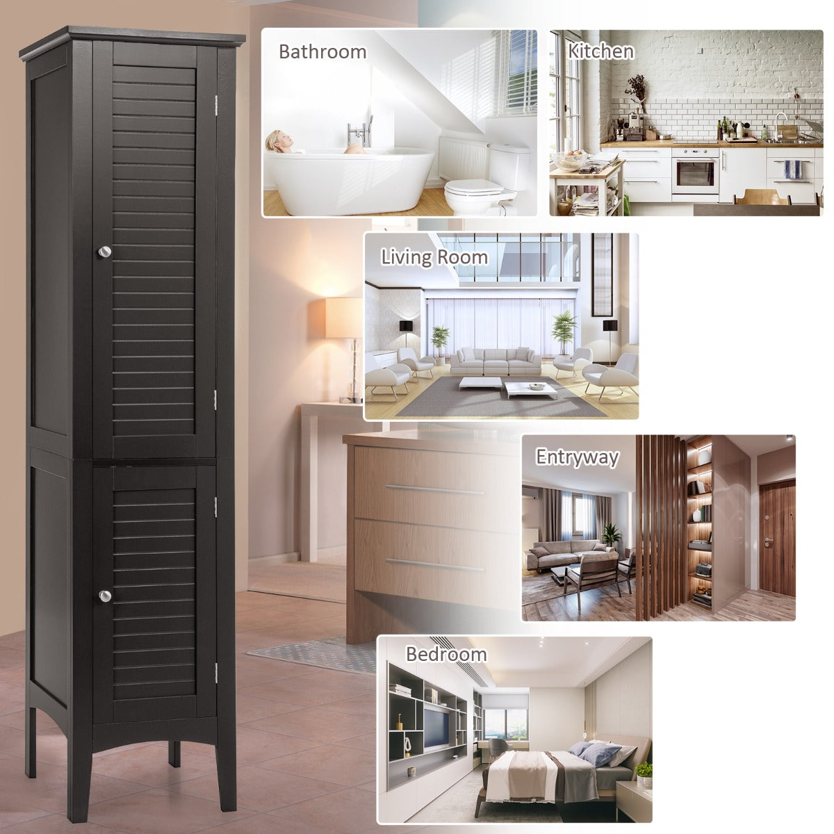 Livsk costway opbergmeubel voor badkamer staande kolom met 5 niveaus opbergkasten voor keuken woonkamer 37 x 37 x 160 cm koffie 6