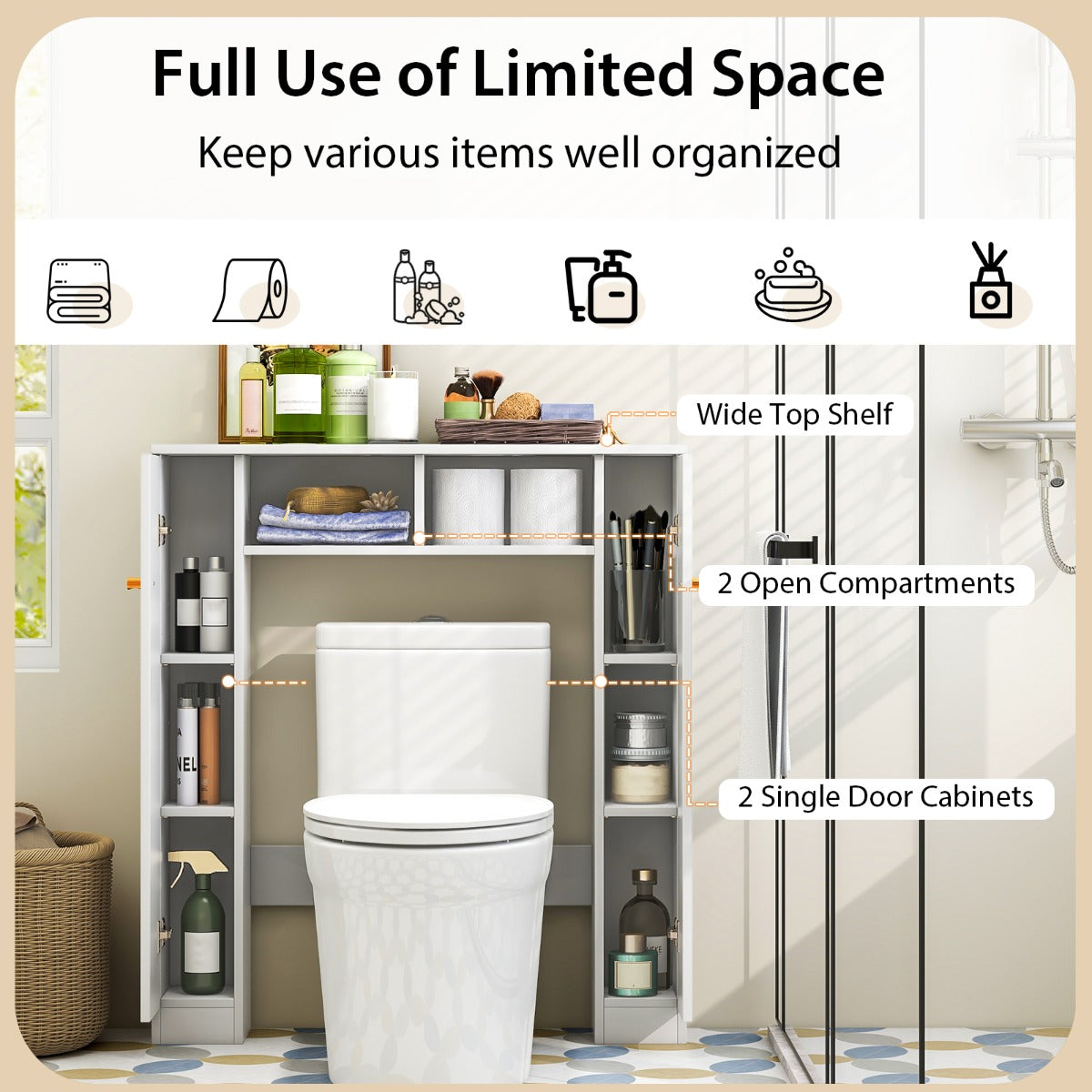 LIVSK Toilet-opbergkast - Verstelbare Planken - Dubbele Deur - Ruimtebesparend - Totale capaciteit 60 kg - Wit