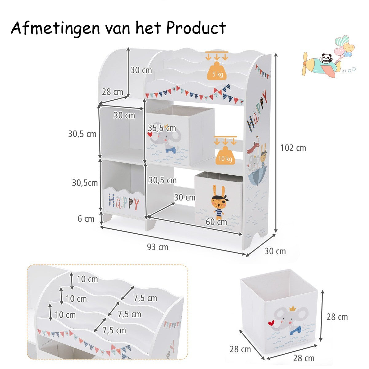 LIVSK Kinderopbergkast - 5 Vakken en 2 Stoffen Lades - Veilig met Kantelbeveiliging - 93 x 30 x 102 cm - Wit