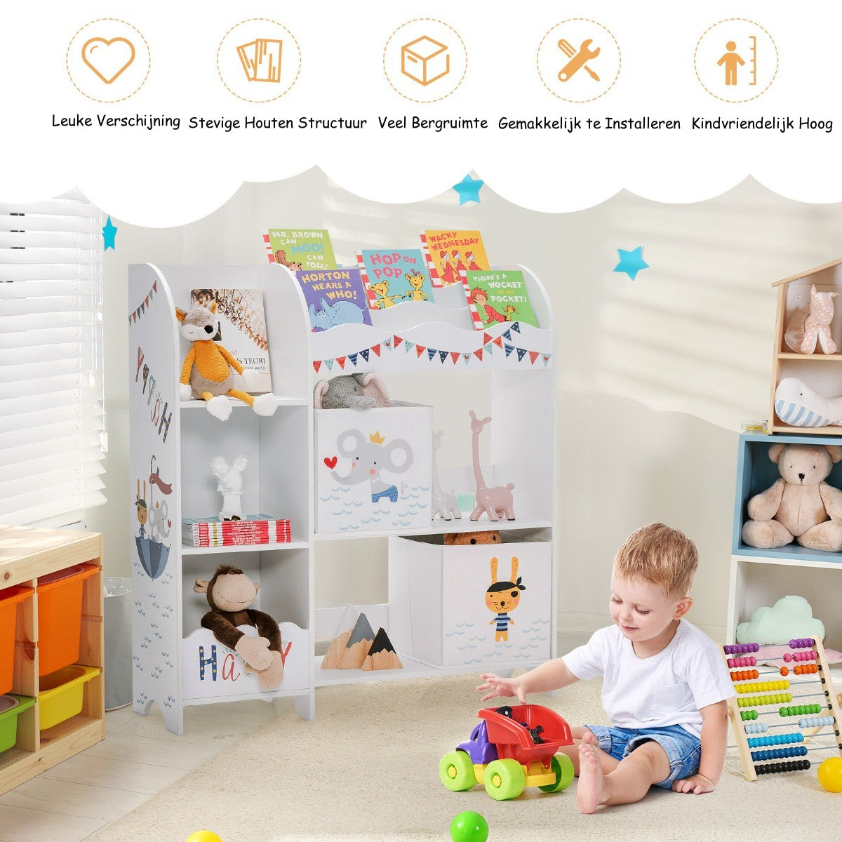 LIVSK Kinderopbergkast - 5 Vakken en 2 Stoffen Lades - Veilig met Kantelbeveiliging - 93 x 30 x 102 cm - Wit