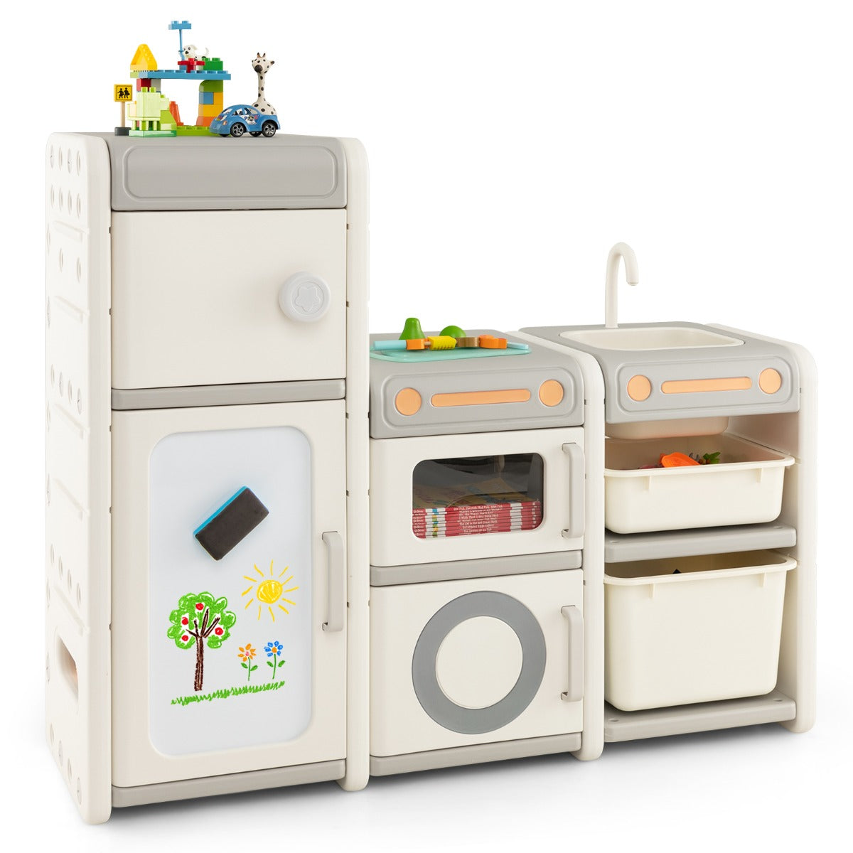 LIVSK Kinder opberg organizer en leertafel - Magnetisch whiteboard met 5 markers - Afneembare gootsteen - Beige + Grijs