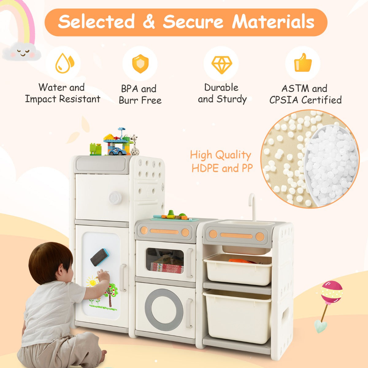 LIVSK Kinder opberg organizer en leertafel - Magnetisch whiteboard met 5 markers - Afneembare gootsteen - Beige + Grijs