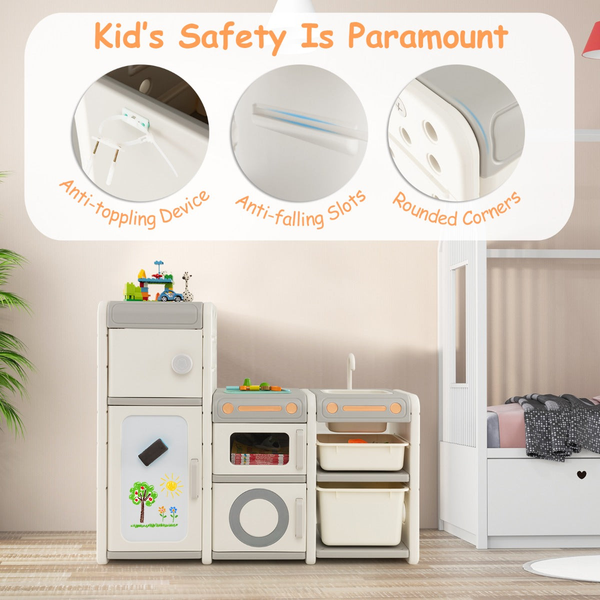 LIVSK Kinder opberg organizer en leertafel - Magnetisch whiteboard met 5 markers - Afneembare gootsteen - Beige + Grijs