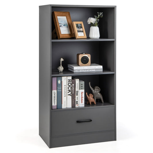 LIVSK Vrijstaand Opbergrek met 4 Niveaus - MDF - Anti-Kantelbeveiliging - Grote Lade - Tot 90 kg - 60 x 38 x 120 cm - Donkergrijs