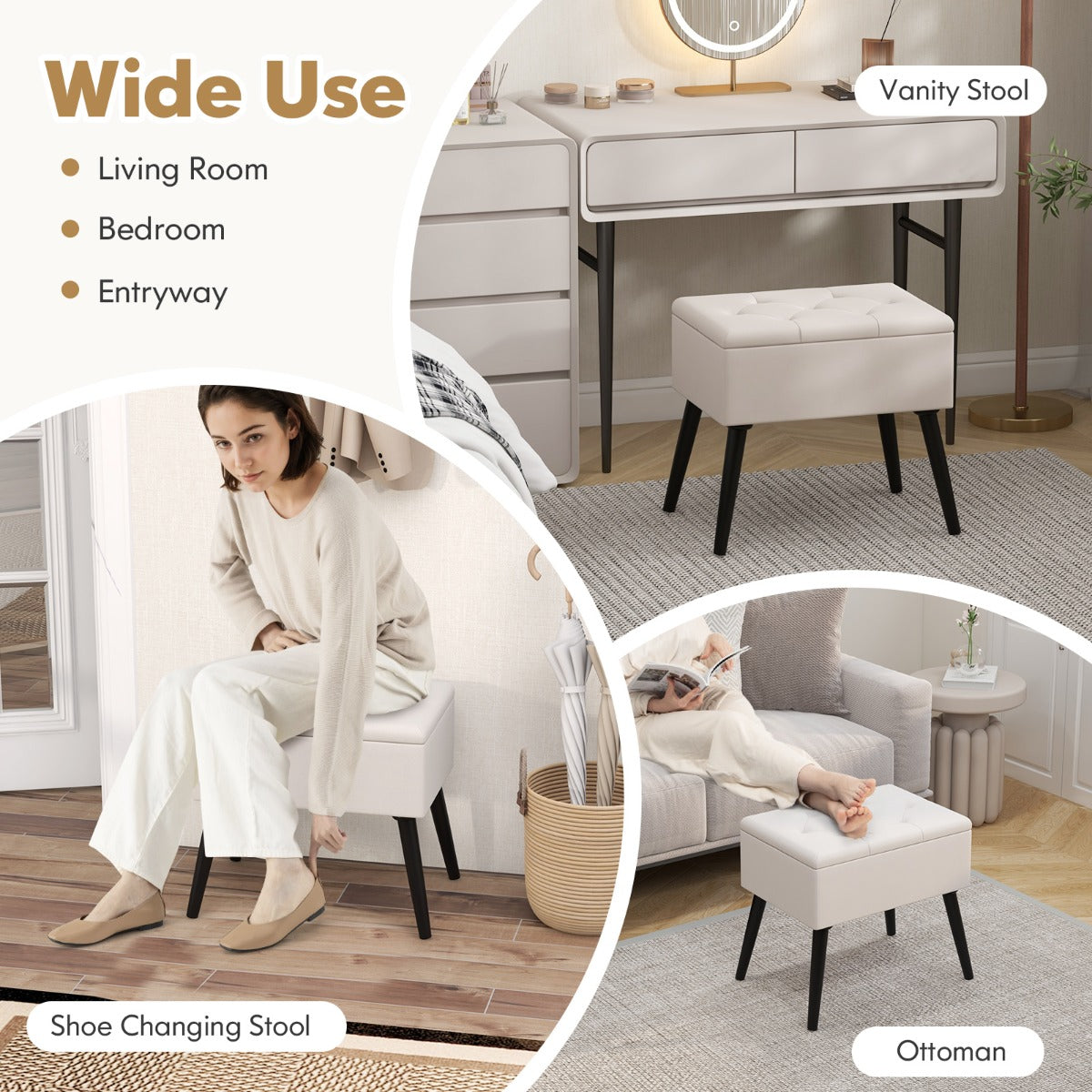 LIVSK Luxe Fluwelen Opbergkruk - Ondersteunend Zitkussen - Handige Opbergruimte - Tot 150 kg - Moderne Elegantie - Beige