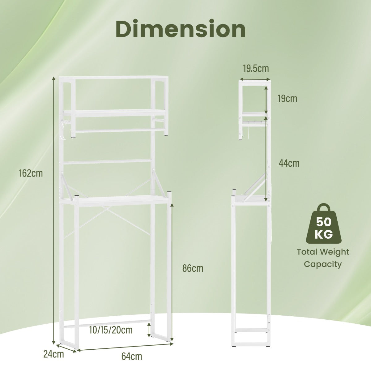 Livsk costway opbergrek boven het toilet 3 traps toiletrek met handdoekhouder haken en verstelbare onderstang 64 x 24 x 162 cm wit 2