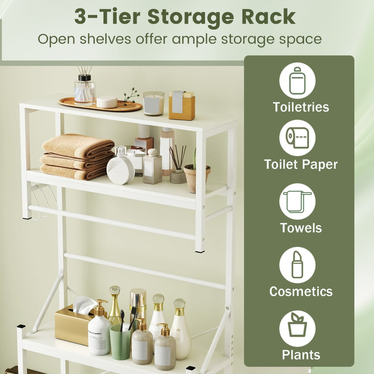 Livsk costway opbergrek boven het toilet 3 traps toiletrek met handdoekhouder haken en verstelbare onderstang 64 x 24 x 162 cm wit 4