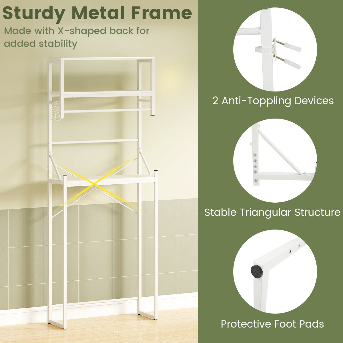 Livsk costway opbergrek boven het toilet 3 traps toiletrek met handdoekhouder haken en verstelbare onderstang 64 x 24 x 162 cm wit 5