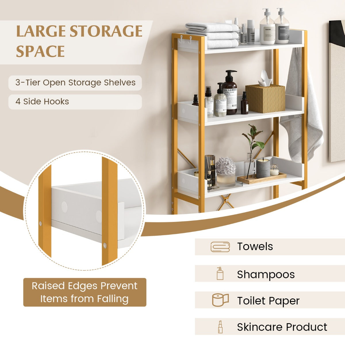 LIVSK Verstelbaar Opbergrek Boven Toilet - 3 Open Planken - 4 Haken - Sterk en Stabiel - 63 x 24 x 164 cm - Rustiek bruin