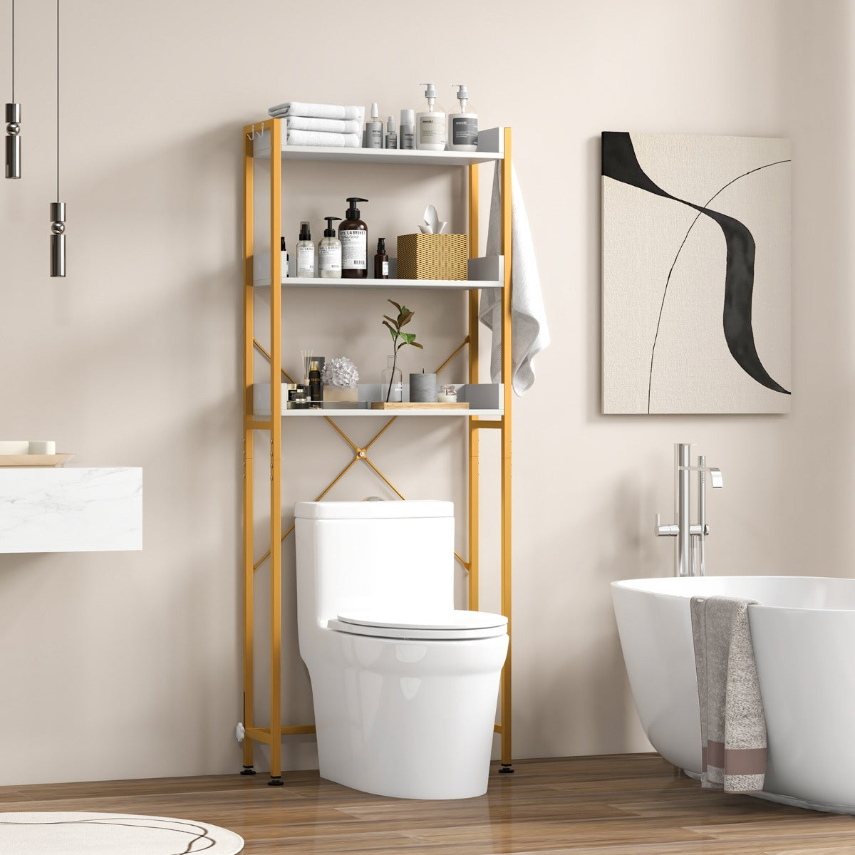 LIVSK Verstelbaar Opbergrek Boven Toilet - 3 Open Planken - 4 Haken - Sterk en Stabiel - 63 x 24 x 164 cm - Rustiek bruin