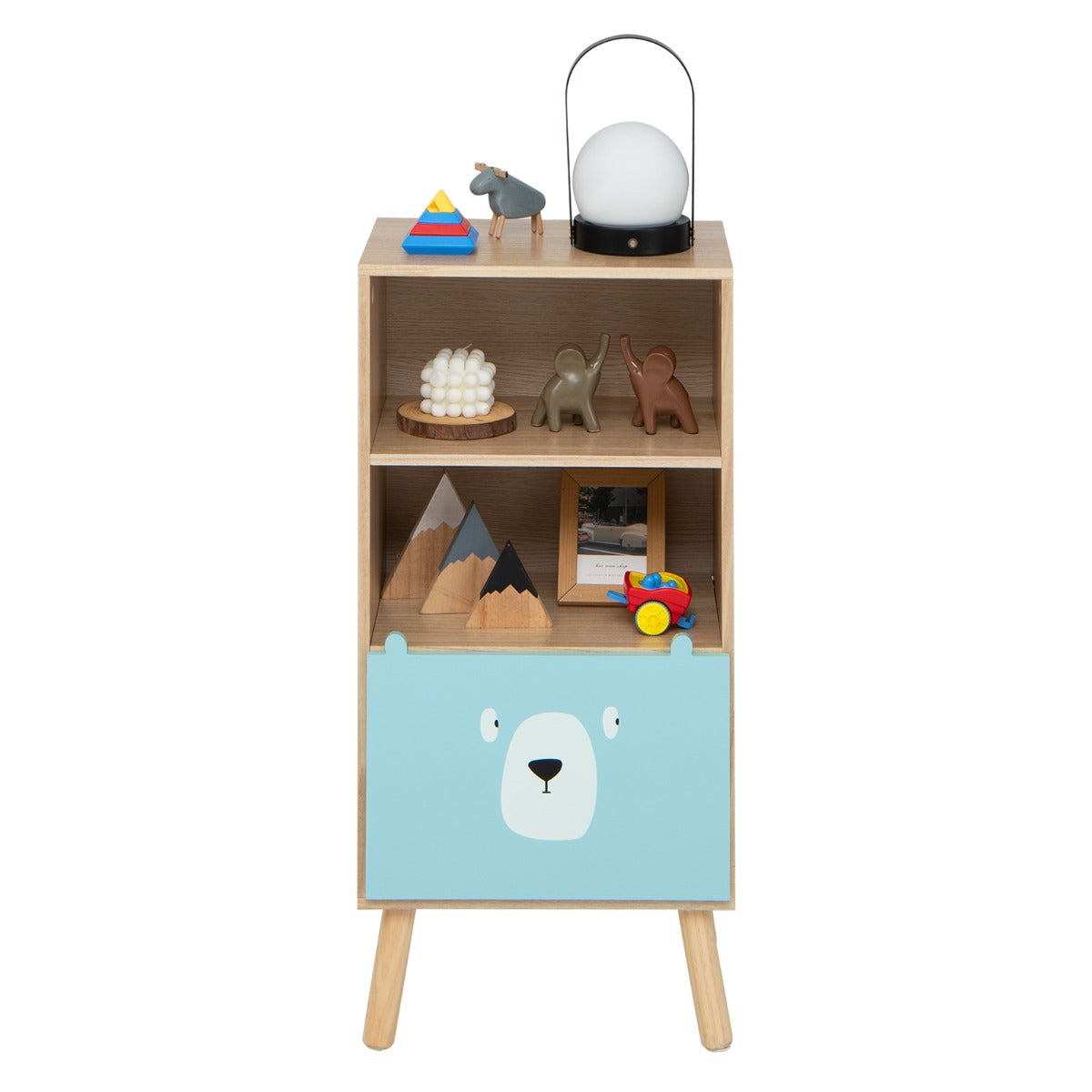 LIVSK Opbergplank voor Kinderen - 3 Verdiepingen - Grote Lade - Hoogwaardig MDF - Anti-Kantelbeveiliging - Natuurlijk+Blauw