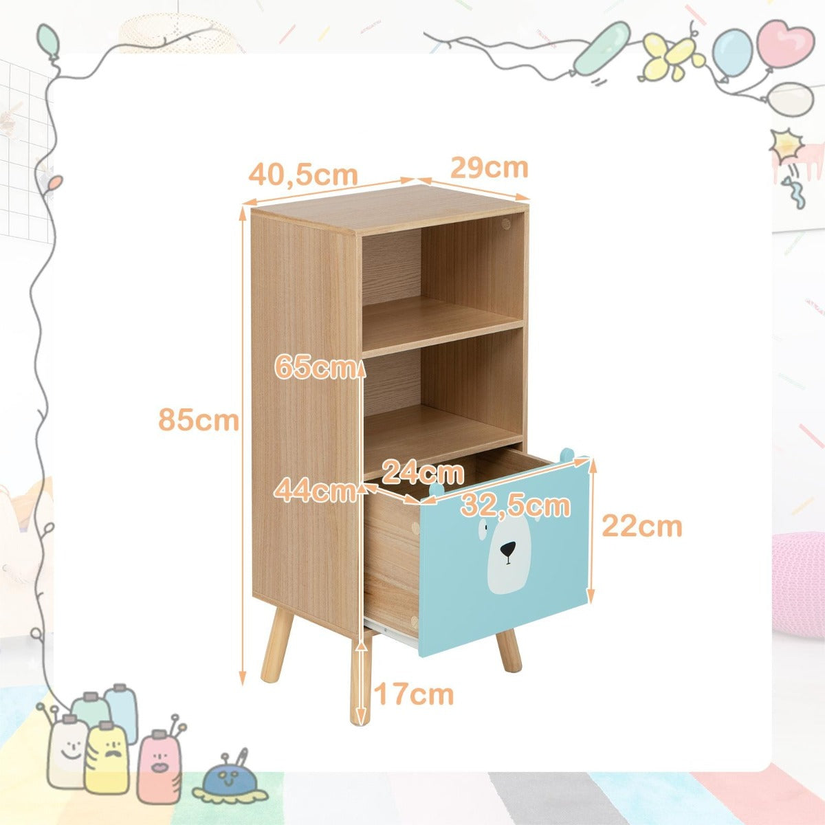 LIVSK Opbergplank voor Kinderen - 3 Verdiepingen - Grote Lade - Hoogwaardig MDF - Anti-Kantelbeveiliging - Natuurlijk+Blauw