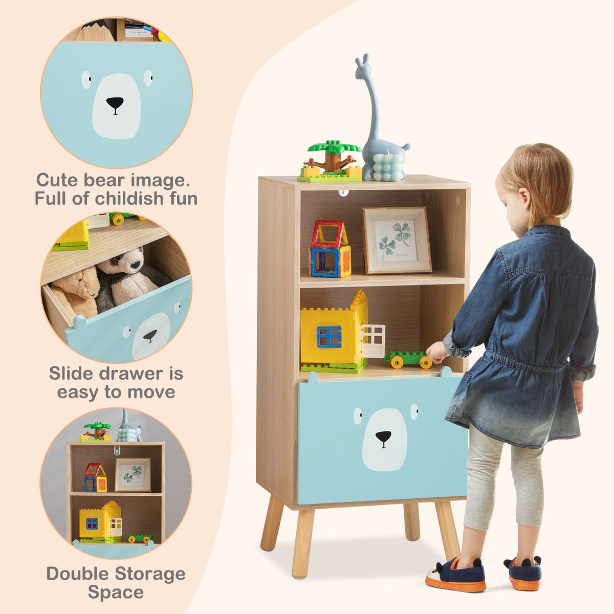LIVSK Opbergplank voor Kinderen - 3 Verdiepingen - Grote Lade - Hoogwaardig MDF - Anti-Kantelbeveiliging - Natuurlijk+Blauw