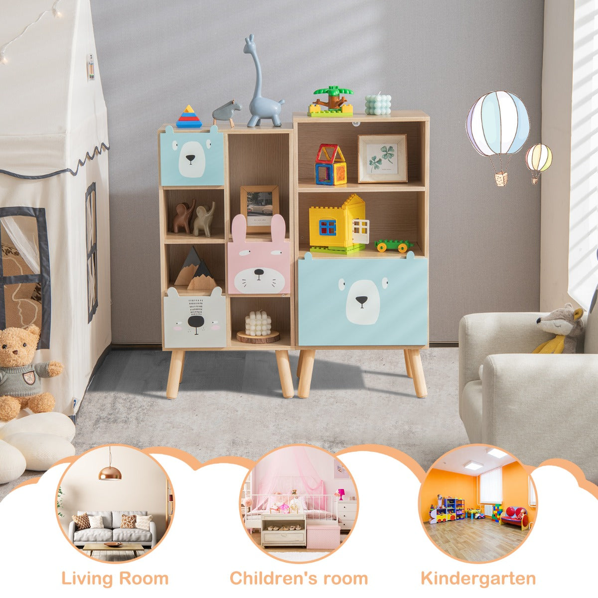 LIVSK Opbergplank voor Kinderen - 3 Verdiepingen - Grote Lade - Hoogwaardig MDF - Anti-Kantelbeveiliging - Natuurlijk+Blauw