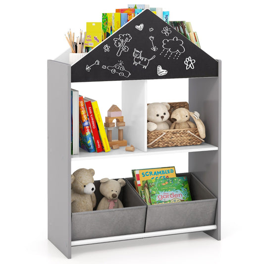 LIVSK Kinderboekenkast Poppenhuis - 4 Vakken, 2 Lades - Krijtbord en Whiteboard - Veilig en Creatief - 63 x 27 x 90 cm -