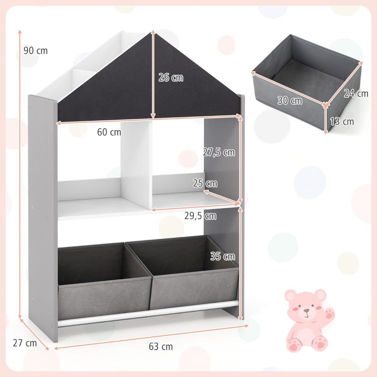 LIVSK Kinderboekenkast Poppenhuis - 4 Vakken, 2 Lades - Krijtbord en Whiteboard - Veilig en Creatief - 63 x 27 x 90 cm -