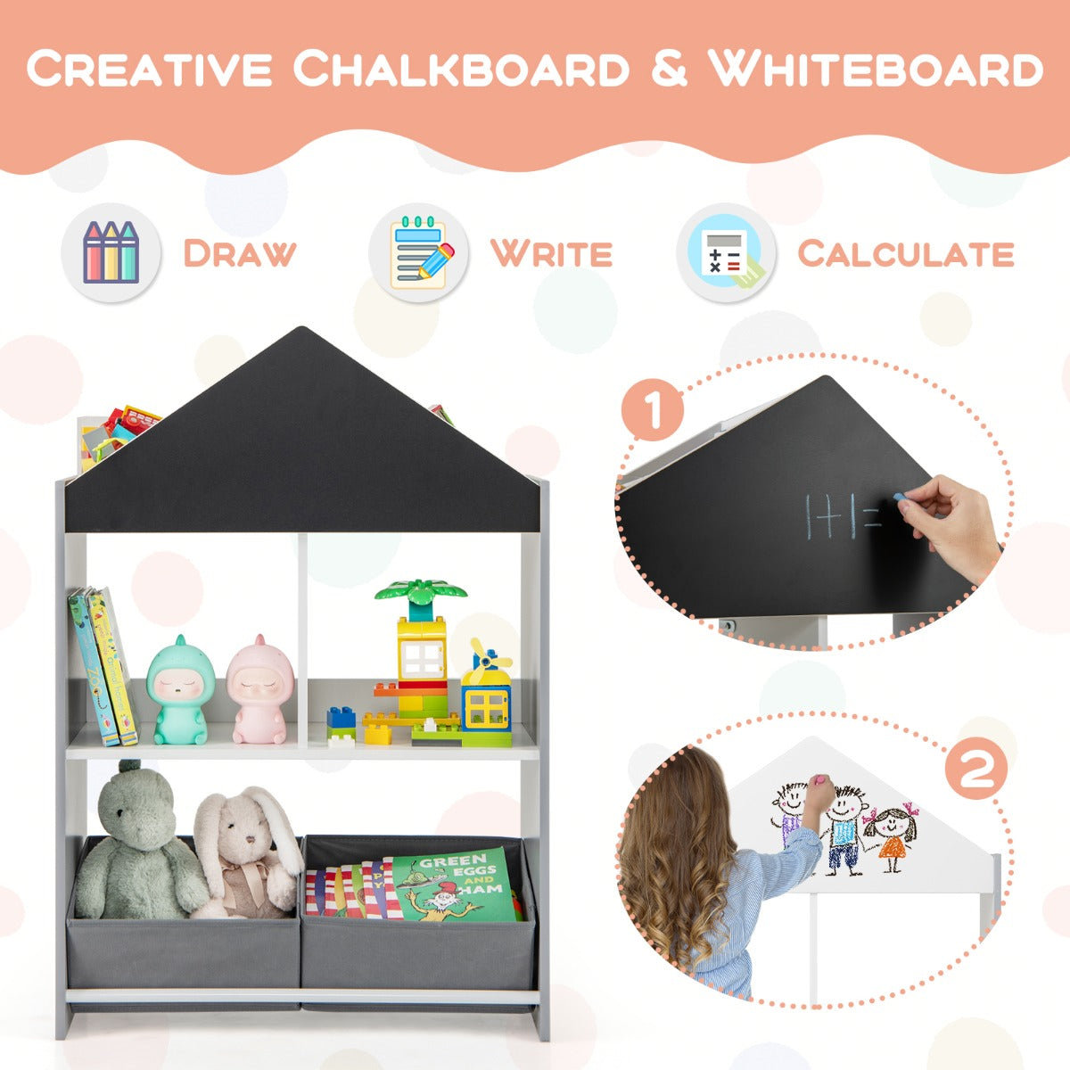 LIVSK Kinderboekenkast Poppenhuis - 4 Vakken, 2 Lades - Krijtbord en Whiteboard - Veilig en Creatief - 63 x 27 x 90 cm -
