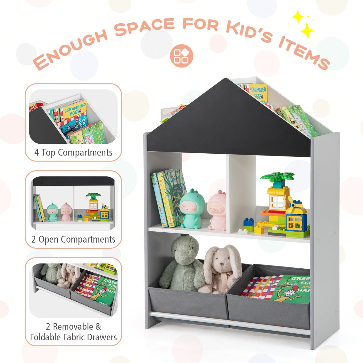 LIVSK Kinderboekenkast Poppenhuis - 4 Vakken, 2 Lades - Krijtbord en Whiteboard - Veilig en Creatief - 63 x 27 x 90 cm -