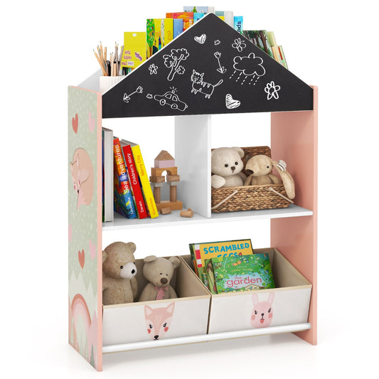 LIVSK Kinderboekenkast Poppenhuis - 4 Vakken en 2 Lades - Krijtbord en Whiteboard - Anti-kantelsysteem - 90 cm - Roze