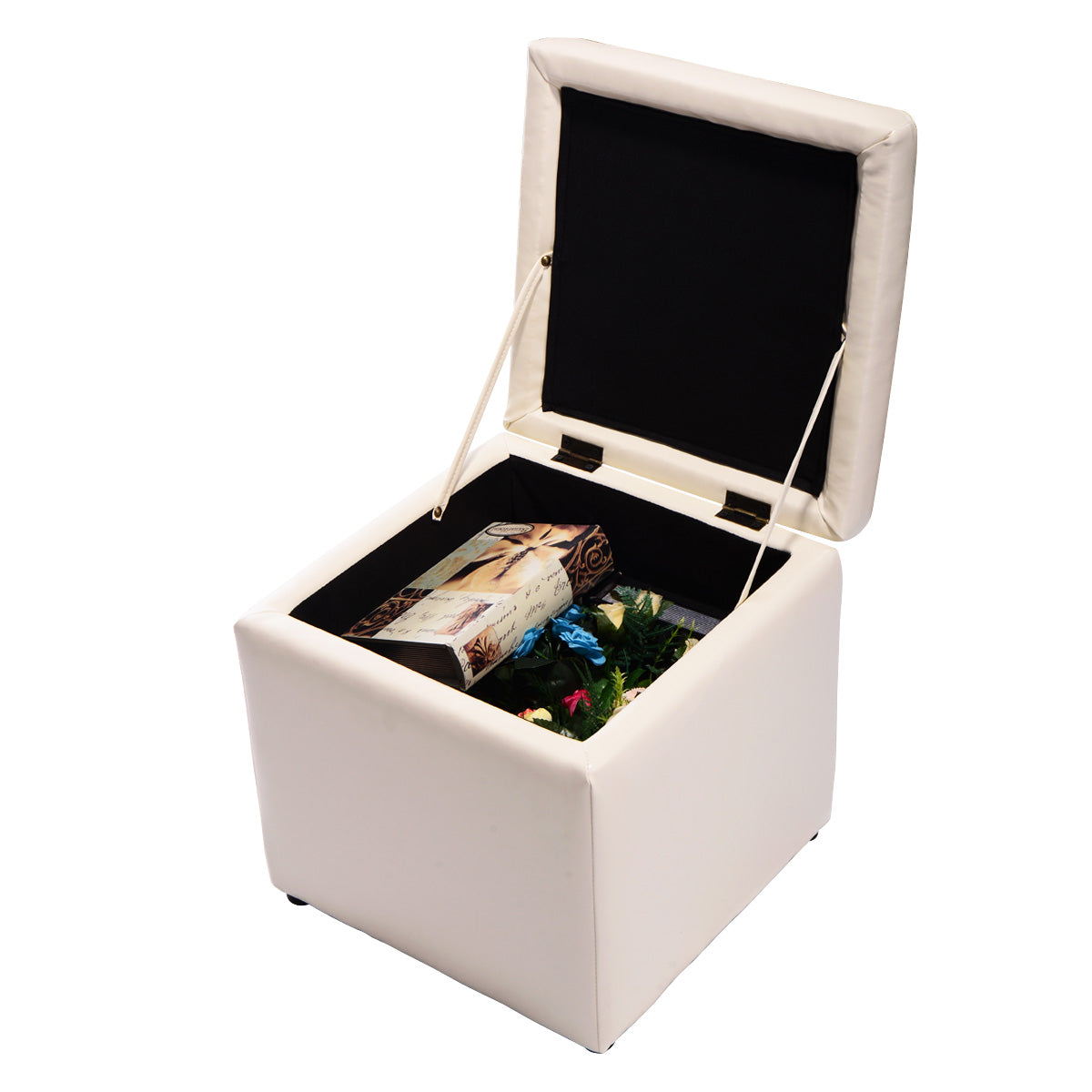 LIVSK Opbergpoef met Veiligheidsscharnieren - Gewatteerde Zitting - Houten Frame - Draagvermogen 150 kg - 40 x 40 x 40 cm - Wit