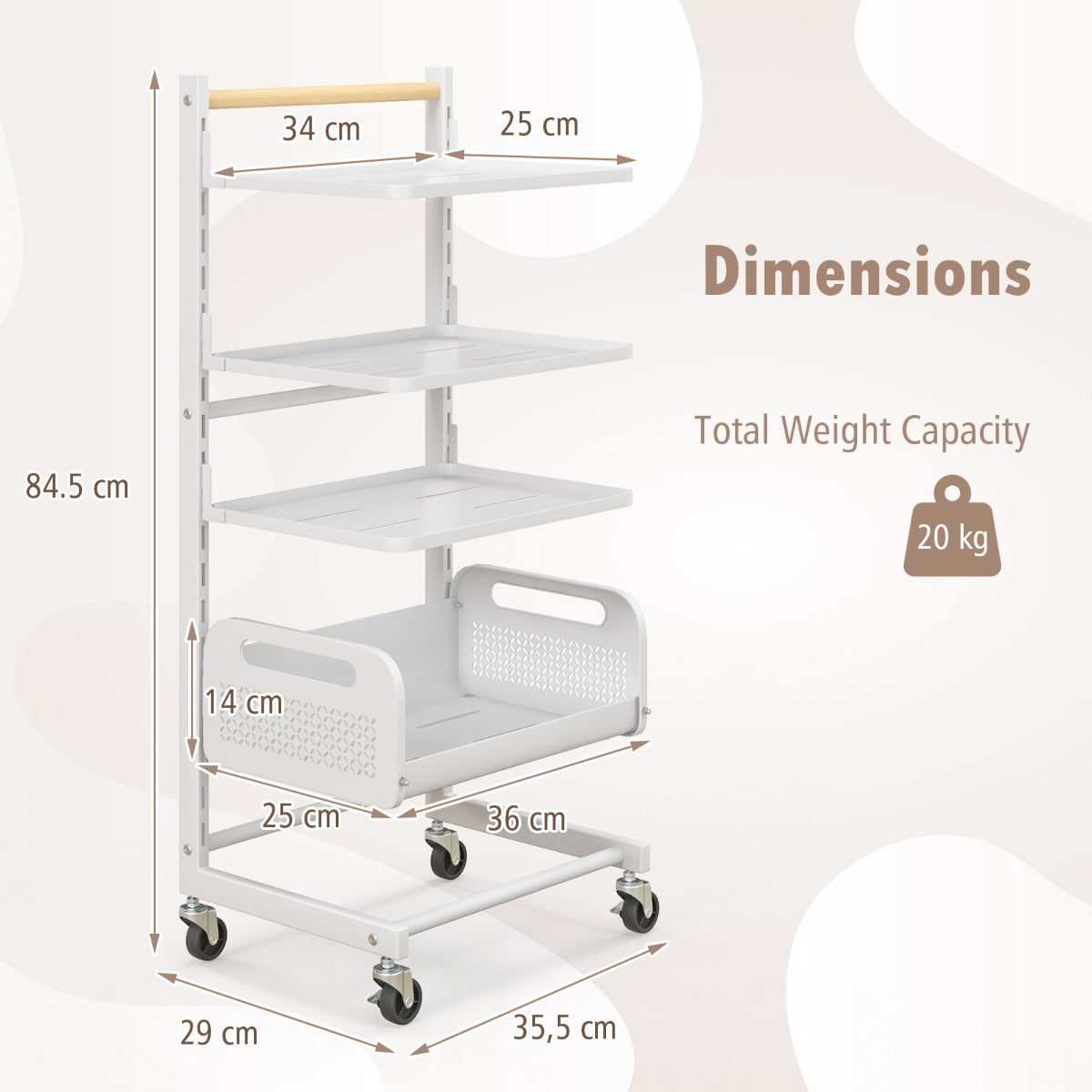 LIVSK Metalen Opbergtrolley - 4 Verdiepingen met Verstelbare Planken - 360° Zwenkwielen - Luchtdoorlatende Gaasmand - Wit