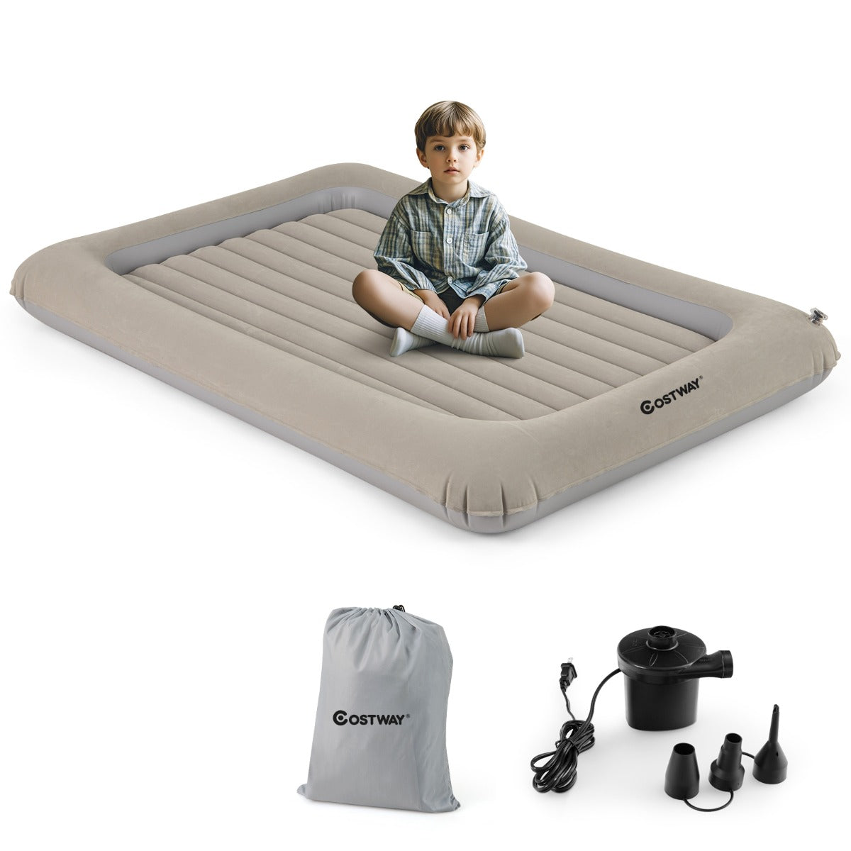 LIVSK Draagbare Opblaasbare Kindermattenset - Elektrische Pomp - Dubbelzijdig Matras - Opbergtas - Tot 150 kg - Grijs/Blauw