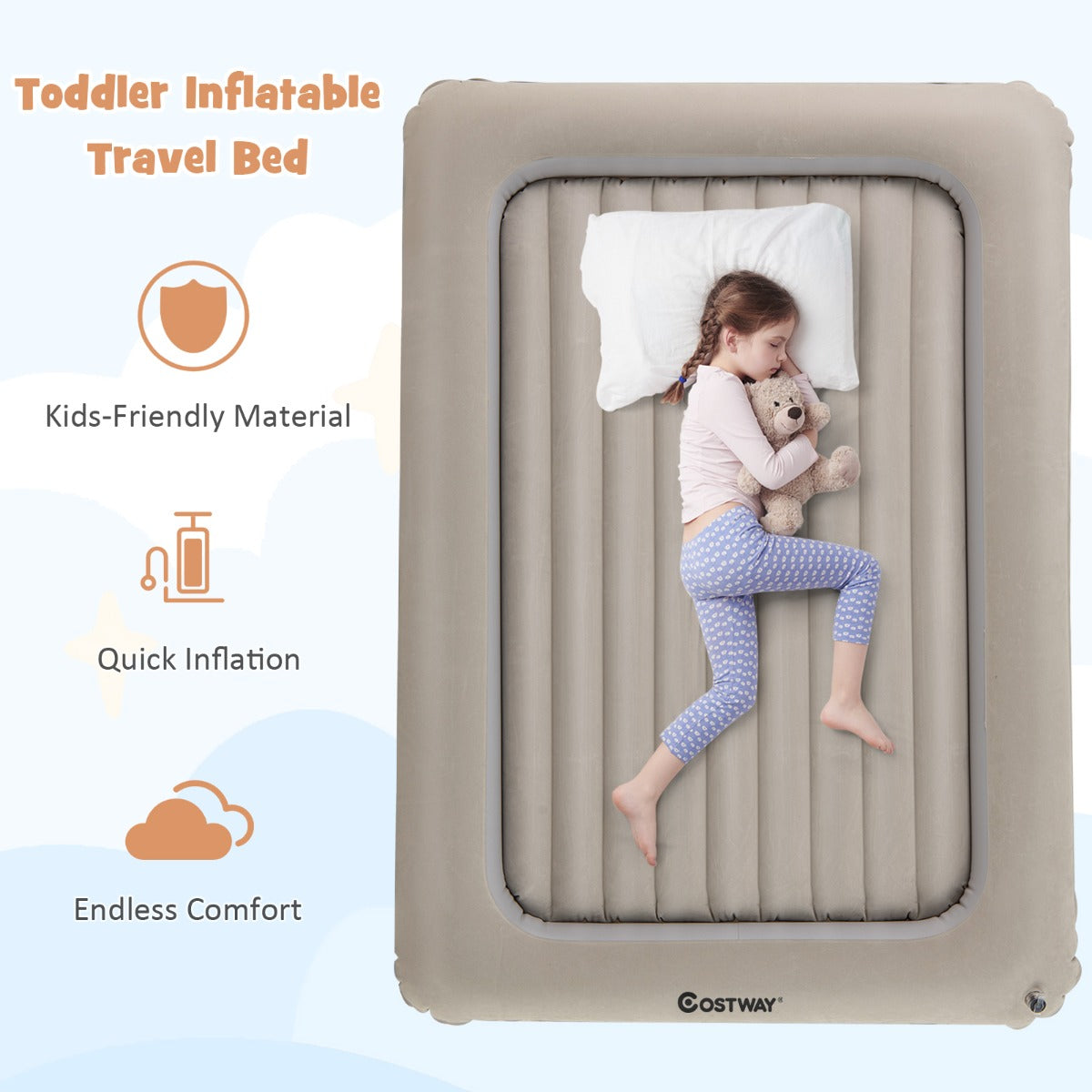 LIVSK Draagbare Opblaasbare Kindermattenset - Elektrische Pomp - Dubbelzijdig Matras - Opbergtas - Tot 150 kg - Grijs/Blauw