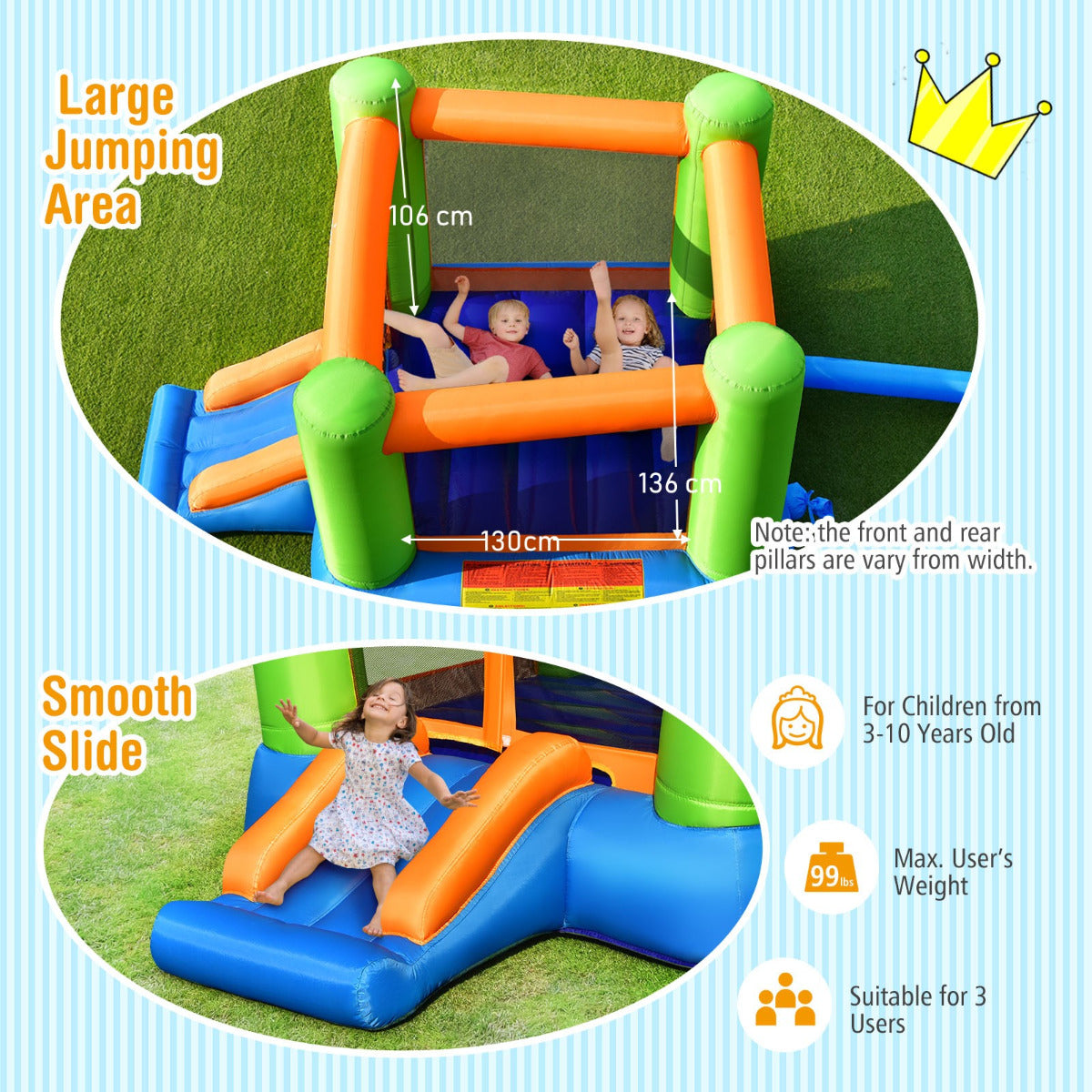 LIVSK Opblaasbaar Springkasteel - Groot Springgedeelte - Brede Glijbaan - Duurzaam Oxford Doek - Voor 3 Kinderen - 250 x 197 x