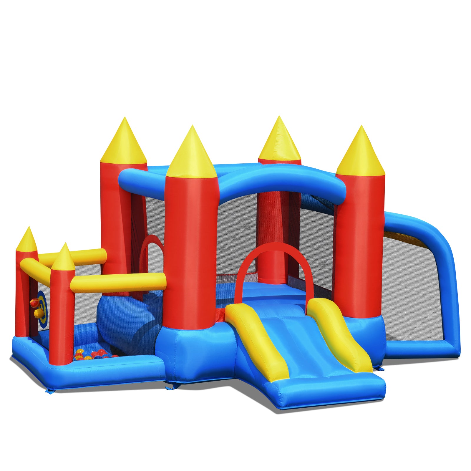 LIVSK Opblaasbaar Springkasteel met Glijbaan en Voetbaldoel - Veilige Oxford-stof - Voor 4 Kinderen - 350 x 275 x 196 cm -